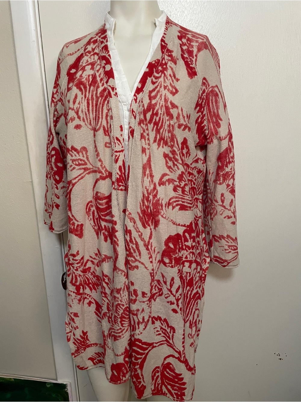 Sigrid Olsen signature Linen Red Floral Print Open Front Cardigan sweater size S